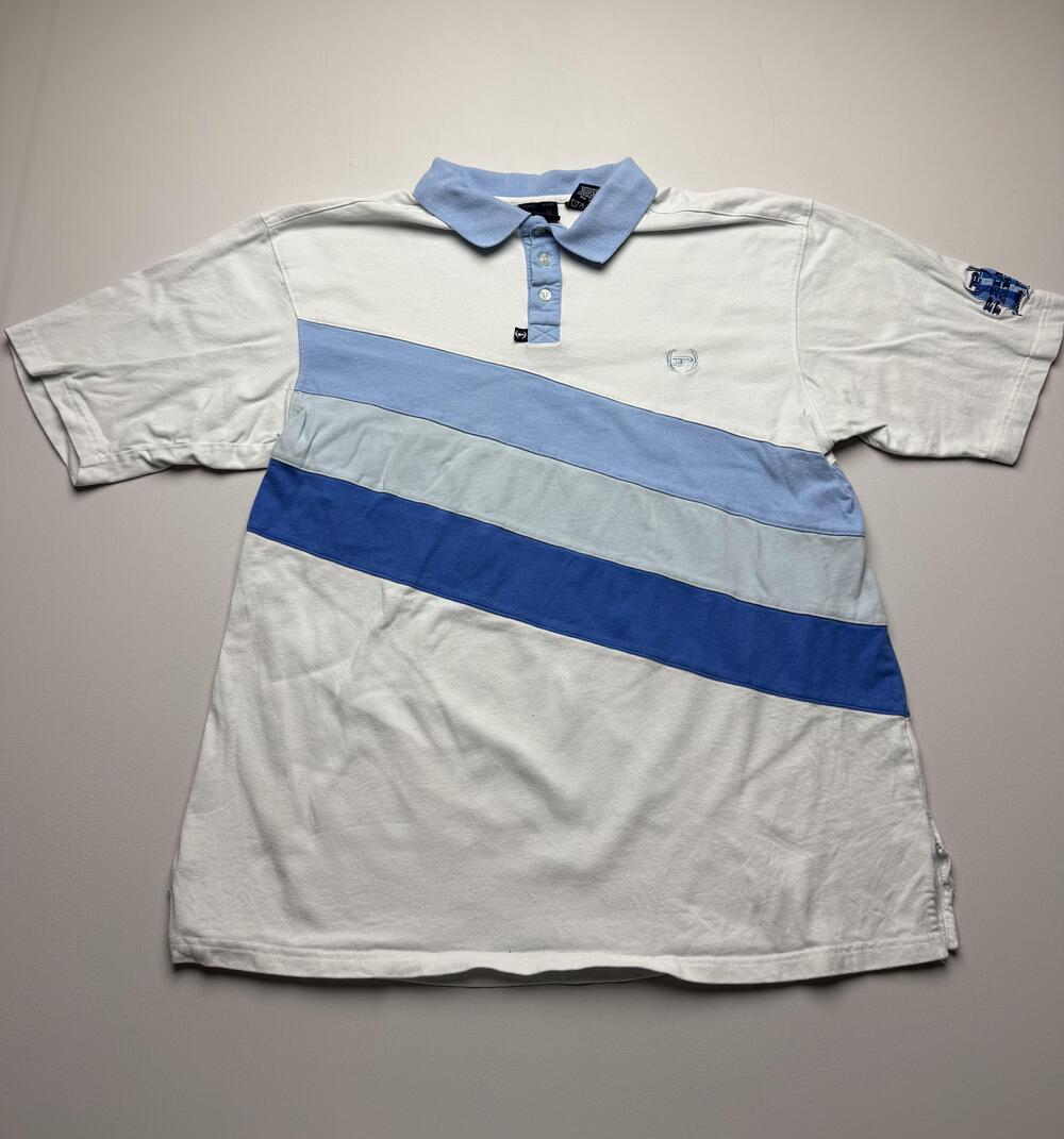 Phat Farm Polo Shirt Mens XL White Blue Diagonal Stripe Embroidered Casual Knit